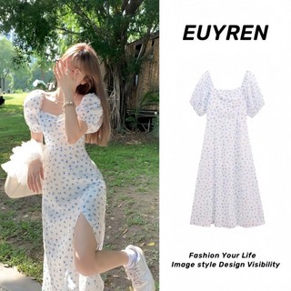 Váy hoa nhí Váy body dáng dài Pháp Hoa Cổ Vuông Puff Tay Đầm Nữ Mùa Hè 2024 Phong Cách Mới Thiết Kế Niche Eo Nẹp Cắt Váy Dài