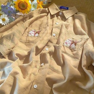 Nhật bản retro mùa hè phong cách mới áo sơ mi nữ cặp đôi áo sơ mi nửa tay