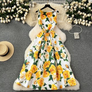 Thời Trang Nữ Vintage Thanh Lịch In Chữ A Dài Đầm Mùa Hè Cao Cấp Ôm Không Tay Dự Tiệc Kỳ Nghỉ Đi Biển Áo Vest Váy
