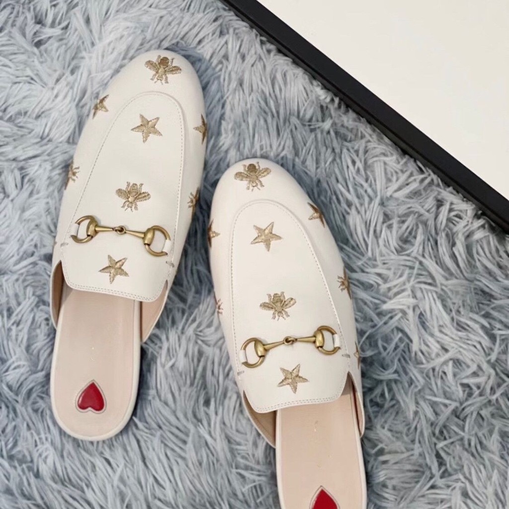 GUCC* Closed Toe Half Slippers Female Bee Embroidery Lazybones' Outdoor Slip-on Genuine Leather Muller Shoes Soft Bottom