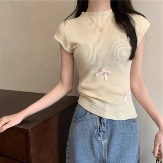 Áo thun dệt kim nơ phong cách Pháp dành cho nữ, áo thun ngắn tay vừa vặn mùa hè mới