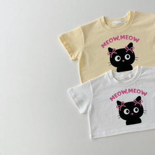 Ins mùa hè phiên bản hàn quốc trung nhỏ trẻ em bé gái top mỏng cotton dễ thương chữ mèo phiên bản ngắn tay áo thun cdkq
