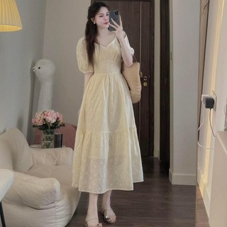 Váy thô boi cổ v dáng xoè chất thô mềm mát