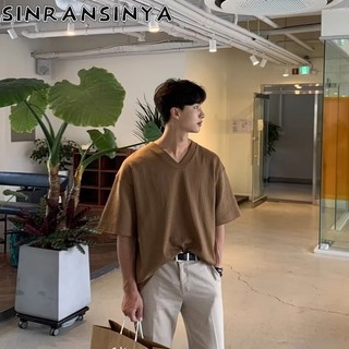 Sinransinya Áo Thun Nam Mới Nhật Bản Retro Cổ Cao Cấp Màu Đa Năng Không Sắt Rời Đáy Thanh Niên Cặp Đôi Thời Trang Cổ Chữ V Nửa Tay