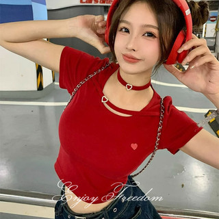 Áo thun ngắn tay màu đỏ ngọt ngào kiểu Pháp áo thun nữ dáng ôm gợi cảm