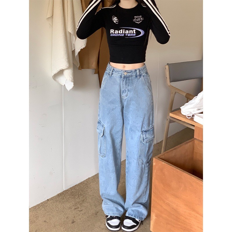 Quần Jean Nữ Túi Hộp Ống Suông Cạp Cao Chất Jean Demin Dày Dặn Phối Túi 2 Bên Phong Cách Hip Hop | BigBuy360 - bigbuy360.vn