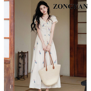 Zongyan Váy dài hoa du lịch và giải trí của Pháp ôm lấy thiết kế cao cấp phù hợp, ngắn in cổ chữ GM24546BL