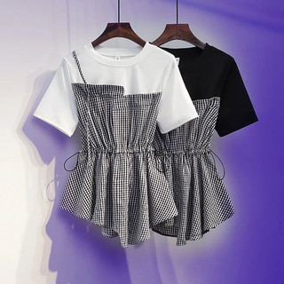Mùa Hè Plus Size Nữ Hẹp Eo Giả Hai Mảnh Khâu Cổ Tròn Bất Đối Xứng Áo Thun Tay Ngắn Thời Trang Rời Niche Sang Trọng Kẻ Sọc Kẻ Sọc