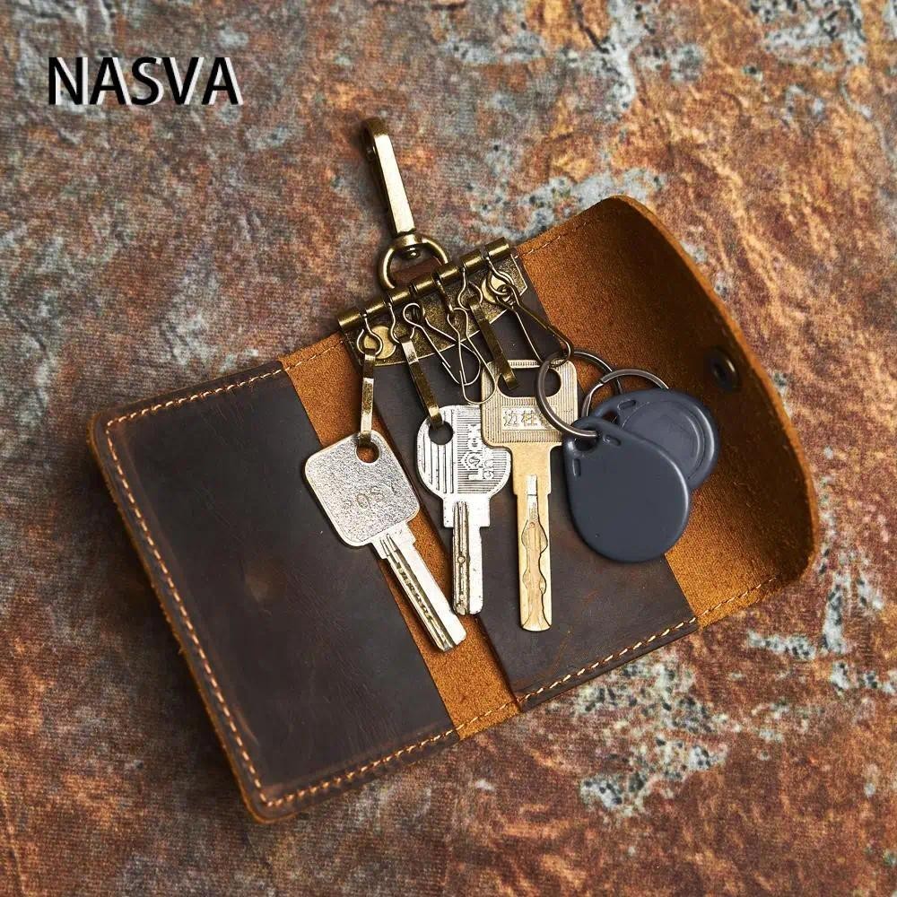 Nasva Nam Nữ Da Thật Chính Hãng Retro Handmade Chìa Khóa Hộp Đựng Thẻ Lớp Đầu Tiên Da Bò Đa Năng Móc Khóa Treo