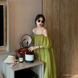 Cao Cấp Sling Tay Ngắn Phong Cách Mới Pháp Rời 2023 Off-the-Shoul Váy Kỳ Nghỉ Mùa Hè Váy Đi Biển Một Áo