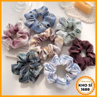 Cột tóc vải scrunchies họa tiết caro vintage hàn quốc, dây buộc tóc scrunchies cứng, dây cột tóc nữ e1874