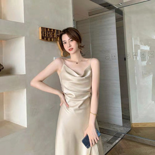 Váy dài hai dây Satin dành cho nữ có cổ xếp ly theo phong cách tiệc nhiều màu