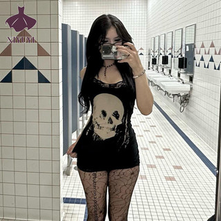 Xiyuyi Váy treo nữ phong cách mới hot girl phong cách Mỹ cá tính váy ngắn in hình đầu lâu