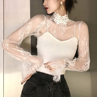 Áo sơ mi ren đáy màu đen gợi cảm dành cho nữ, Áo lưới dài tay kiểu Pháp bên trong mỏng