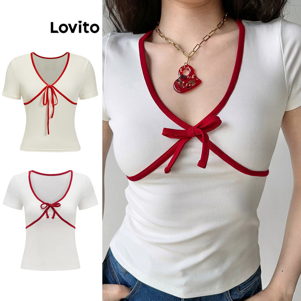Áo thun Lovito phối viền tương phản ôm vừa phải thường ngày cho nữ L80ED119(Nhiều màu) | BigBuy360 - bigbuy360.vn