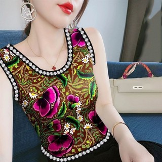 Không Tay Ren Áo Vest Nhỏ Nữ In Hình Skinny Đáy Áo Sơ Mi Cổ Tròn Sang Trọng Mùa Hè