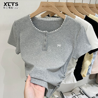 Xin lan ya she áo thun ngắn tay ren nữ xếp li nơ crop top