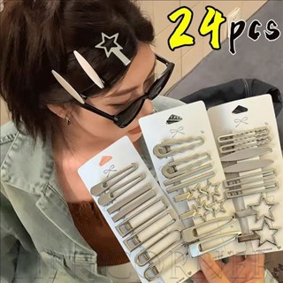 Bộ kẹp mỏ vịt kim loại bạc 8 / 24 chiếc Y2K - Thời trang dễ thương dành cho nữ Side Bangs Barrette - Kẹp tóc hình chữ nhật, hình ngôi sao năm cánh - Kẹp tóc ngọt ngào cho bé gái mát mẻ