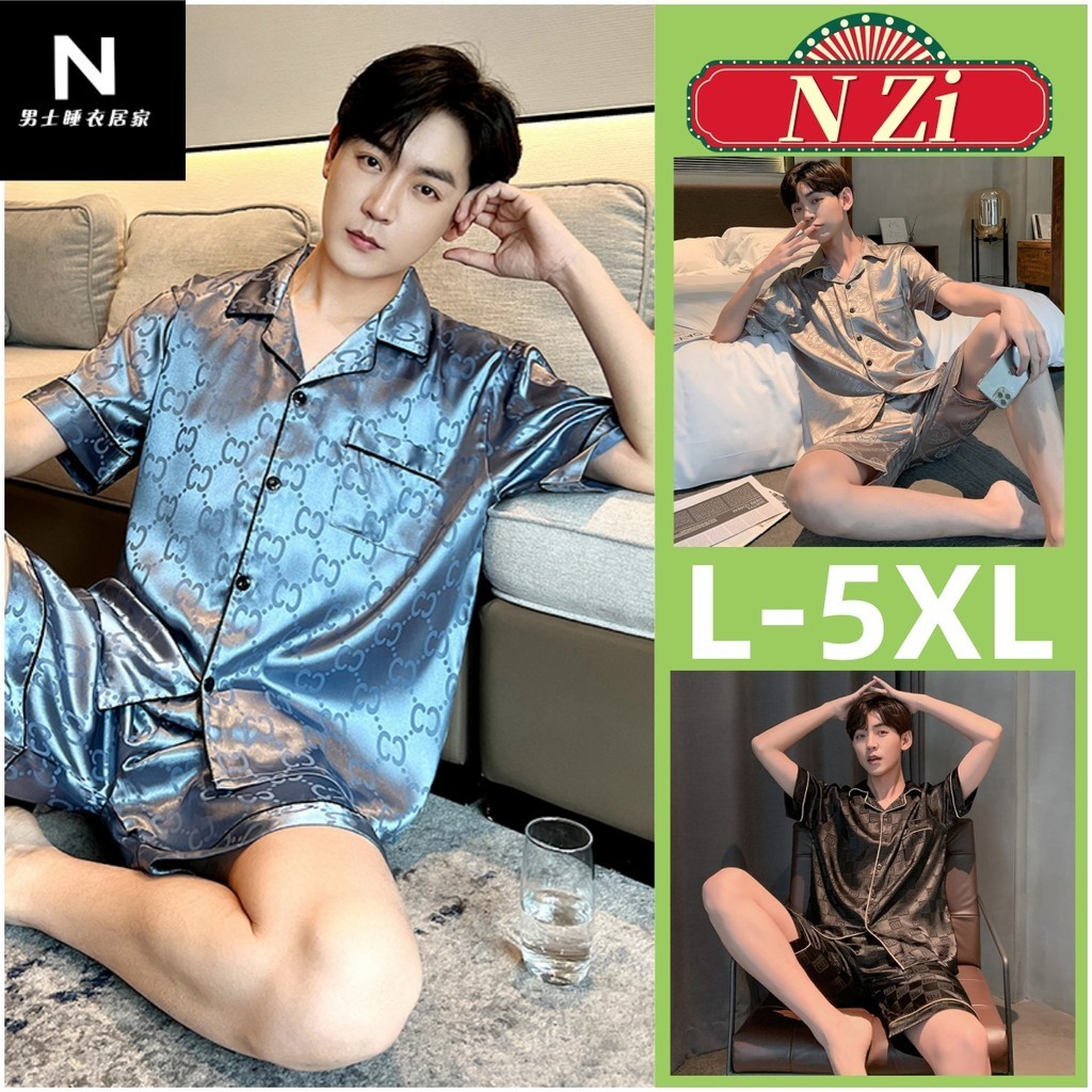 Plus Kích Thước Bộ Đồ Ngủ Nam Lụa Bộ Đồ Ngủ Mùa Hè Tay Ngắn Rời Đồ Ngủ Người Chữ Satin Váy Ngủ Loungewear L-5XL