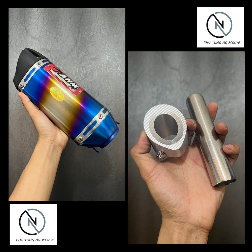 Lon pô tăng AHM M3 titan 1.1 kèm Tiêu Nhôm AHM CNC có ống sáo (mã 06)