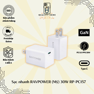 Củ sạc RAVPower GaN 30W RP-PC157 hỗ trợ PD3.0/PPS, sạc nhanh cho IP, Sạc siêu nhanh Sam sung