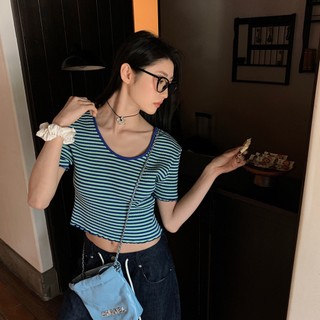Dt ETOLIE Retro Vai Ngắn Tay Áo Thun Nữ Mùa Hè Slim Fit Sọc Dệt Kim Ngắn Top