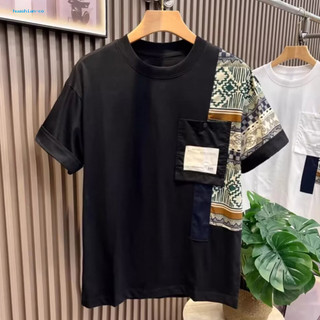 Huashian Áo thun thông thường Khối màu Áo nam Áo nam mùa hè có in hình chắp vá và túi ngực Áo thun ngắn tay sành điệu để mặc hàng ngày ở Đông Nam Á