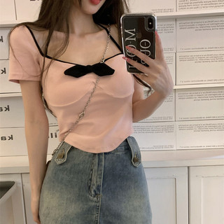 Áo crop top màu hồng siêu đẹp, áo thun ngắn tay nơ thời trang mùa hè, dễ tâng bốc hình dáng của bạn