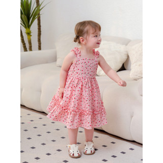 Váy Bé Gái CARROT Hai Dây Bèo Nhún, Họa Tiết Caro Hồng Hoa Nhí, Chất Thô Cotton Thoáng Mát Thấm Hút Mồ Hôi Tốt
