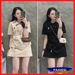 Set áo phông nữ thêu ngựa cài cúc ngắn tay mix chân váy chữ A phối túi trẻ trung B345 PANOSI