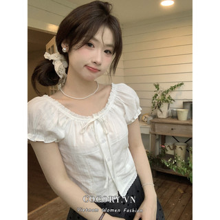 Cocorygirl Quần áo nữ Hàn Quốc Áo sơ mi trắng có tay phồng ren