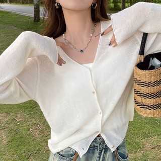 IMAODOU Mùa Hè Spice Girls dệt kim cardigan phần mỏng bên ngoài mặc dáng rộng vai nhỏ thiết kế phần ngắn cảm giác thích hợp cho nữ áo sơ mi điều hòa không khí