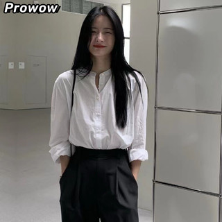 Áo sơ mi cổ tròn trắng Prowow phiên bản Hàn Quốc áo sơ mi dài tay nữ