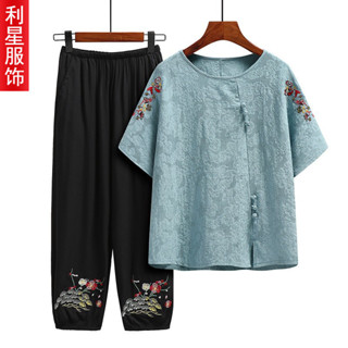  Người Cao Tuổi Trung Niên Mùa Hè Phù Hợp Với Vải Lanh Cotton Nữ Bà Tay Ngắn Mẹ Mùa Hè Nguyên Chất Cotton Áo Thun Người Cao Tuổi Phụ Nữ Quần Áo 