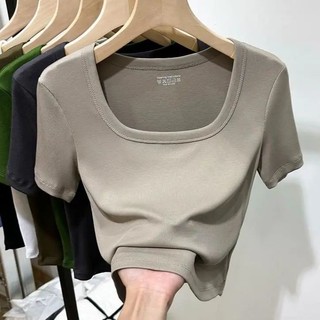 Áo thun ngắn tay cơ bản cổ vuông dành cho nữ Mùa hè mới sang trọng và giảm béo đa năng Áo ngắn xương đòn có ren dành cho nữ