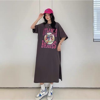 Đầm suông tay nữ ngắn dáng rộng giản dị dài qua đầu gối phối in hình những chú thỏ chữ giản dị TTDSA0180