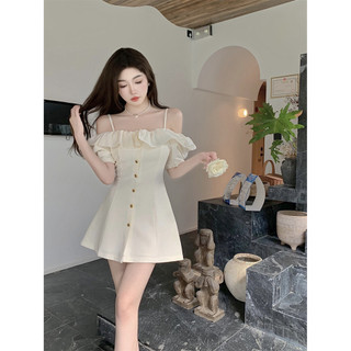 Váy Liền Trễ Vai Bèo Nhún Sang Trọng Kiểu Pháp Váy Hai Dây Tôn Dáng Chít Eo Khí Chất Mẫu Mới Mùa Hè Cho Nữ
