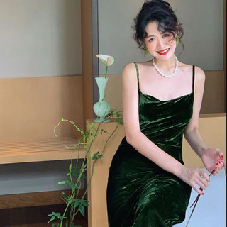 Mùa Hè Pháp Eo Cinched Suspender Đầm Nữ Retro Màu Trơn Chiều Dài Vừa Nhung Đa Năng Váy Chữ A