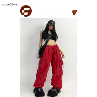 Daodie Hành lý màu kaki ống đỏ chất lượng rộng có dây rút, nam nữ rộng rãi, phong cách cá tính, quần hip-hop, mùa hè mới 2023