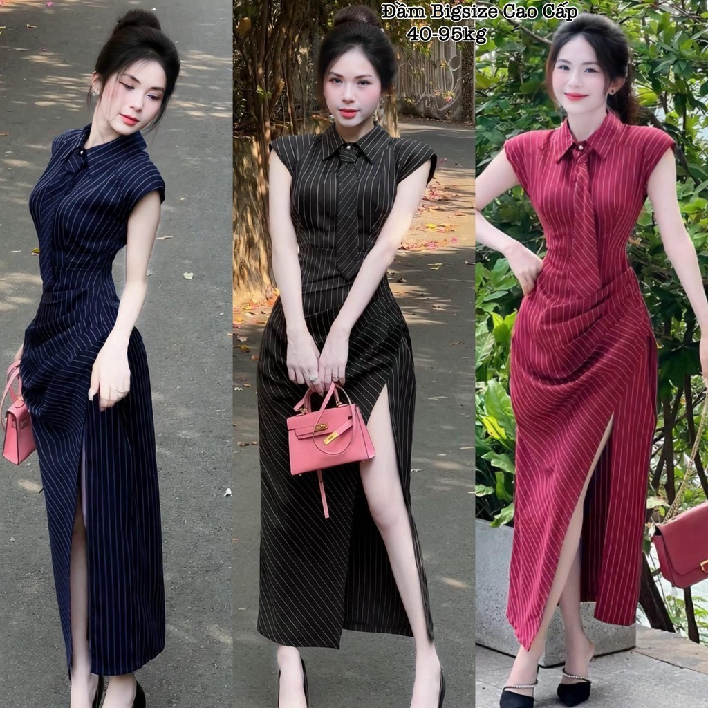 Thời Trang Váy Kẻ Sọc Cổ Bẻ Dáng Dài Thắt Cà Vạt Thiết Kế Hot Hit Nữ Cao Cấp Xinh Đẹp Sang Trọng Dễ 