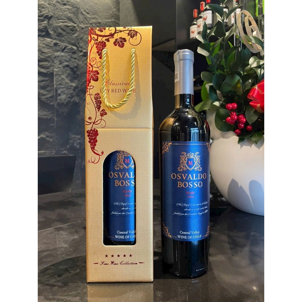 Set quà tặng 1 chai rượu vang Chile Osvaldo Merlot (nhãn xanh) - TG đơn