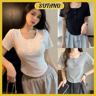 Áo thun nữ ôm body ngắn tay áo kiểu nữ cổ tròn vạt bầu tôn eo phối cúc trẻ trung nữ tính A772 SUTANO