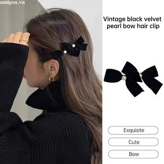 Kẹp tóc thanh lịch vintage nhung đen ngọc trai nơ tóc kẹp bên cao cấp