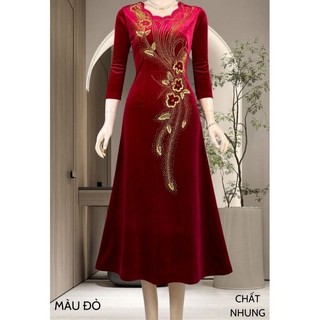 Váy, Đầm  nhung trung niên  cổ sóng nước hoa mai ép đá tay lỡ size lớn 75kg, Đầm nhung trung niên  bigsize