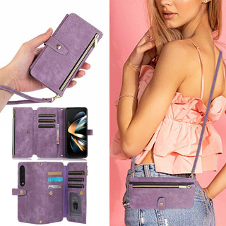 Flip Case Cho Samsung Galaxy Z Fold 5 4 3 5G Có Thể Điều Chỉnh Đeo Ngang Dây Kéo Khe Cắm Thẻ Túi Ví Da PU