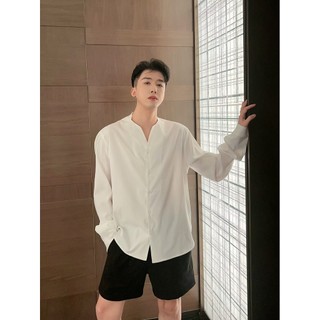 Áo Sơ Mi Nam Phong Cách Hàn Quốc Rời Thời Trang Đơn Sắc Gấp Cổ Áo Sơ Mi Tay Dài Nam