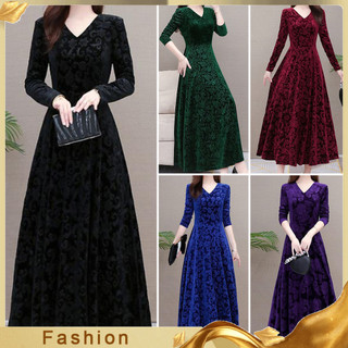 Mgs _ Cổ V Tay Dài Eo Chặt Chữ A Họa Tiết Độc Đáo Đầm Nữ Xuân Thu Xếp Ly Rời Viền Màu Trơn Đầm Maxi Nhung
