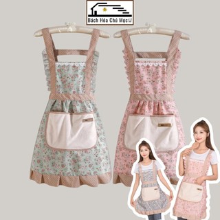 Tạp Dề Tiểu Thư Nấu Ăn Vải CanvasPhối Bèo Dễ Thương Có Túi Đựng Đồ Phía Trước Điều Chỉnh Dây Đeo