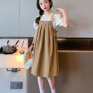 Áo Sơ Mi Tay Ngắn Dây Đeo Váy Hai Mảnh Mùa Hè Phong Cách Mới Bé Gái Quần Áo Mùa Hè Lớn Trẻ Em Phiên Bản Hàn Quốc Slim-fit Bộ Đồ Bé Gái