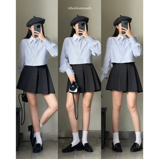 Áo sơ mi croptop tay dài màu sọc xanh trẻ trung dễ phối đồ, áo sơ mi nữ công sơ chất voan lụa đẹp - A283 alisa